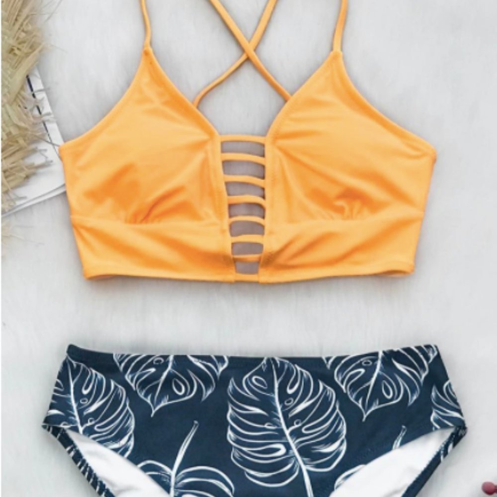Orange Leaves and Print Bikini (Top & Bottoms)